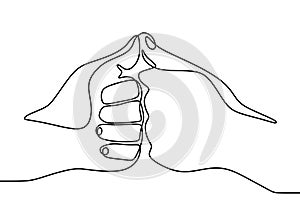 One line drawing of thumbs up. Two thumbs touching each other instead of shaking hands. Hand showing deal or great sign.