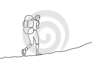 one line drawing of traveler walking continuous design. Woman doing hiking on mountain outdoor