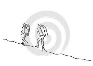 One line drawing of travelers walking