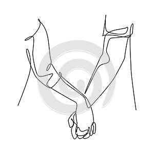 One line drawing of two adult hands holding each other together to express love and care. Romantic young couple lover concept.