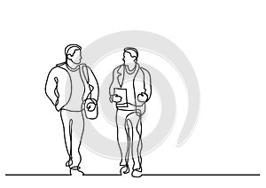 One line drawing of two men walking and talking