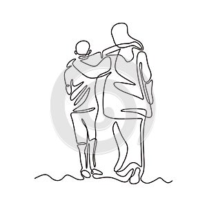 One line drawing of two person embrace vector minimalism. People togetherness and friendship metaphor concept