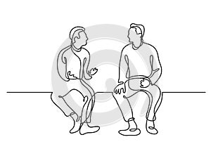 One line drawing of two sitting men talking