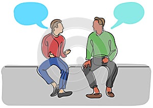 One line drawing of two sitting men talking