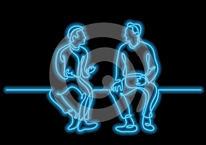 One line drawing of two sitting men talking with neon vector eff