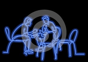 one line drawing of two young men talking with neon vector effect