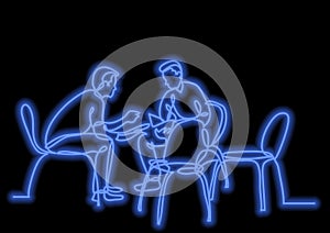 One line drawing of two young men talking with neon vector effect