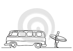 One line drawing of van and man with surfboard on beach