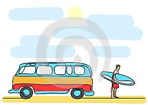 One line drawing of van and man with surfboard on beach