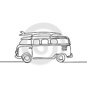 one line drawing of van with surfboard on beach minimalist vector illustration