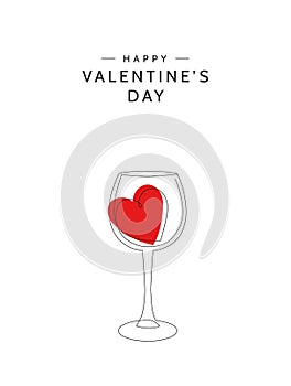 One line drawing of wineglass with red heart on white background. Modern vector illustration for Valentine`s day greeting card