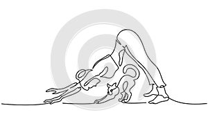 One line drawing. Woman doing yoga dog pose
