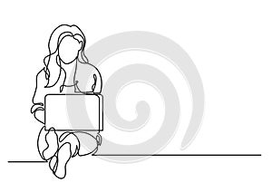 One line drawing of a woman sitting with laptop computer