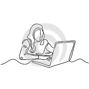 One line drawing of woman sitting with laptop computer doing job task. Girl working concept of secretary