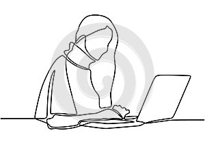 One line drawing of a woman sitting with laptop computer. A young girl writing while sitting in her office. Working behind a