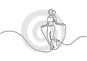 One line drawing woman skipping sport theme. Continuous hand drawn illustration vector. Editable stroke