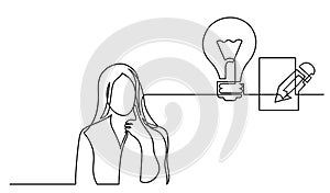 One line drawing of woman thinking solving problems finding solutions