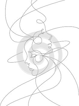 One line drawing of women faces. Abstract line art face, modern contemporary minimalist portrait. Young girl hand drawn character