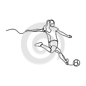 One line drawing of women soccer player continuous style