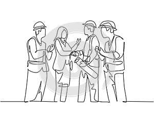 One line drawing of young business woman and architect builder wearing construction vest helmet handshake to deal project. Great