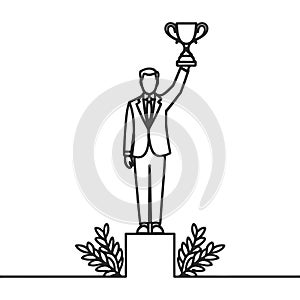 One line drawing of a young businessman in a suit lifting a golden trophy with one hand on a podium