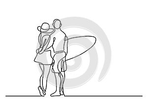 One line drawing of young couple standing on beach with surfboard