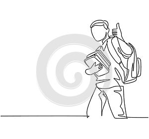 One line drawing of young happy elementary school boy student carrying stack of books and giving thumbs up gesture. Education