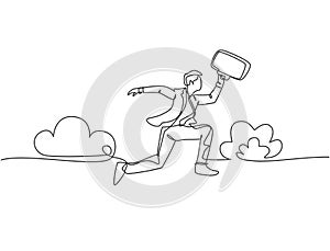 One line drawing of young happy and energetic business man carrying a briefcase jumping over the cloud. Business agility concept.