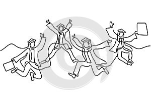 One line drawing of young happy graduate male and female college student jumping hand drawn continuous line art minimalism style
