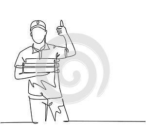 One line drawing of young happy pizza delivery man gives thumbs up gesture before deliver package to customer. Food delivery
