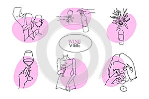 One line drawings with wine aesthetic, vector gentle illustration set woman's body isolated on white background