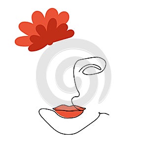 One line face. Linear sketch woman face. Female portrait with red lips vector hand drawn illustration outline.