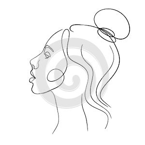 One line face. Linear sketch woman face. Female portrait vector hand drawn illustration outline.