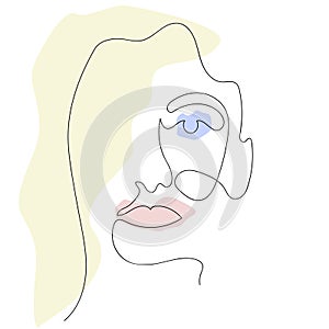 One line face. Minimalist continuous linear sketch woman face. Female portrait black white artwork outline vector hand drawn
