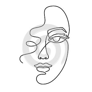 One line face. Minimalist continuous linear sketch woman face. Female portrait black white artwork outline vector hand photo