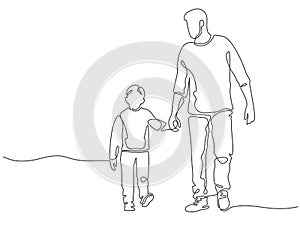 One line father. Dad walking with son. Fatherhood poster with man and child holding hands. Continuous lines happy