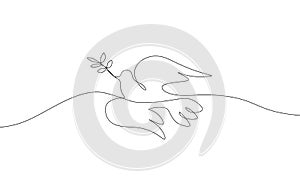 One line flying dove with branch as peace sign. Black and white no war icon. Continuous line drawing of peace symbol