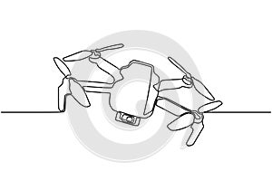 One line flying drone. Hand drawn vector illustration continuous lineart. Electronic gadget for making footage, aerial and spy