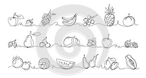 One line fruits. Exotic food. Tropical plants borders set. Contemporary monoline sketch. Juicy melon and watermelon