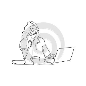 one line girl with phone call and laptop