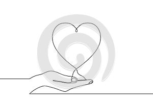 Continuous one line drawing of hand holding heart on palm. Vector photo