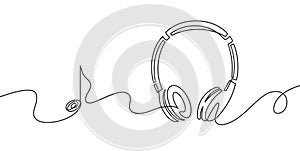 One line headphones. Continuous drawing of music gadget and note. Audio headphone outline sketch. Lineart vector concept