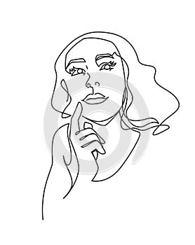 One line illustration of woman have a question. Beautiful woman thinking or making decision and looks up.