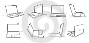 One line laptop. Notebook computer gadget with empty screen, keyboard and touchpad. Continues line open laptops vector