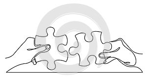 Continuous line drawing of two hands with puzzle pieces connecting together
