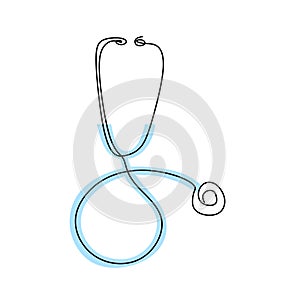 One line logo design of stethoscope. Equipment for doctor examining patient heart beat condition. Medical health care service