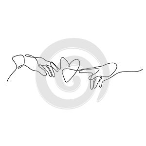 One line male and female hand are drawn to the heart design silhouette. Valentine`s Day. Love. Romance. Hand drawn minimalism styl