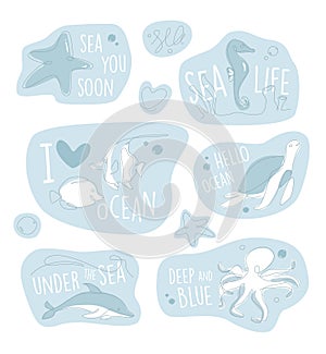 One line marine life sticker set. Underwater outline animals emblem. Line art ocean and sea life lettering collection.