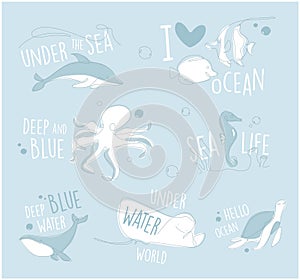 One line marine set. Underwater outline animals emblem. Line art ocean and sea life lettering collection.