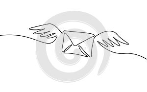 One line paper envelope. Black and white monochrome continuous single line art. Email message post letter send